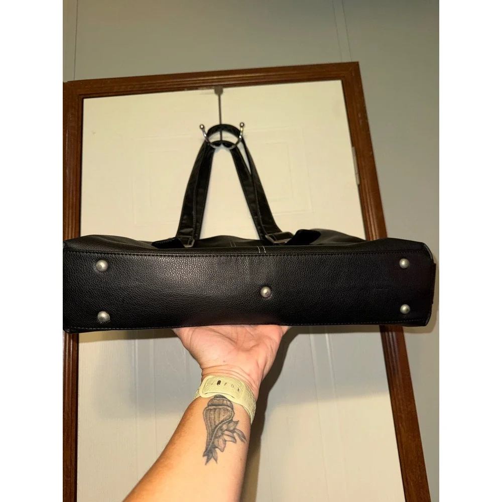 Solo Black Faux Leather Laptop Tote Bag Large Buckle Detail Blue Interior